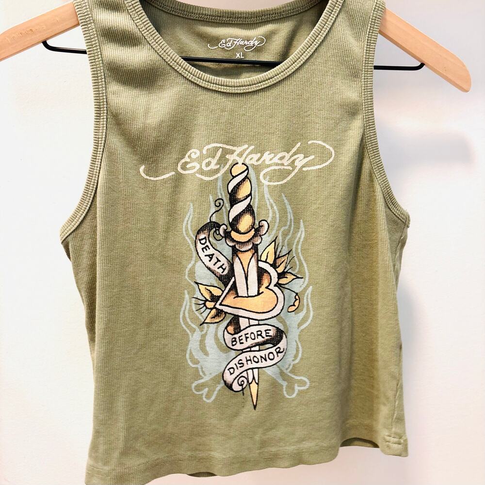 Y2K Ed Hardy Ribbed Cropped Tiny Tank Top – Olive Green Dagger Tattoo Graphic XL